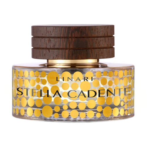 LINARI - Stella Cadente Parfumflakon mit goldgelbem Punktmuster und braunem Holzdeckel vor weißem Hintergrund