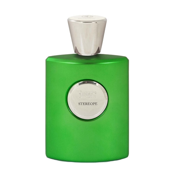 Giardino Benessere - Stereope Parfumflakon in kräftigem Grün mit silbernem Verschluss und rundem Emblem in der Mitte
