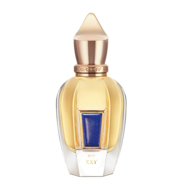Xerjoff - XJ 17/17 - Stone Label - XXY Parfumflakon mit goldblauem Design und markantem, facettiertem Verschluss vor weißem Hintergrund