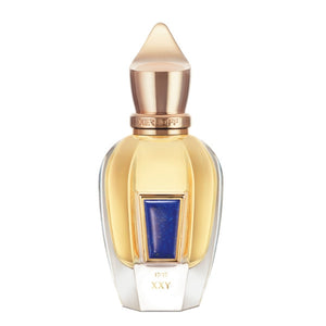 Xerjoff - XJ 17/17 - Stone Label - XXY Parfumflakon mit goldblauem Design und markantem, facettiertem Verschluss vor weißem Hintergrund