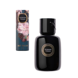 Sabé Masson - Striptease Flowers - La Rencontre Parfum in schwarzer Flasche mit floraler Verpackung auf weißem Hintergrund