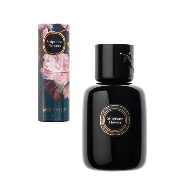 Sabé Masson - Striptease Flowers - La Rencontre Parfum in schwarzer Flasche mit floraler Verpackung auf weißem Hintergrund
