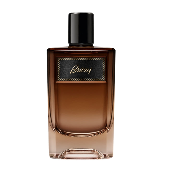 Brioni - Suave Parfümflakon in braunem Glas mit schwarzem Deckel und elegantem Label vor weißem Hintergrund