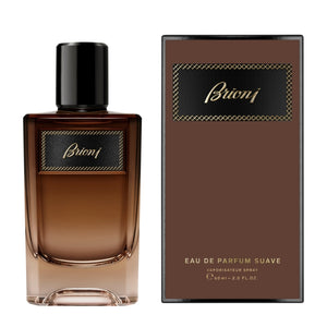 Brioni - Suave Parfümflakon in elegantem Braun mit schwarzem Deckel und dazu passende braune Verpackung mit goldenem Label