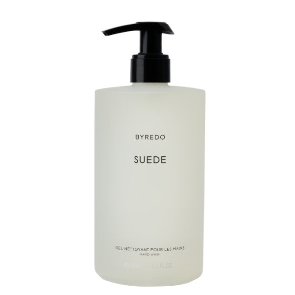 Byredo - Suede - Hand Wash in schlichter transparenter Flasche mit schwarzem Pumpspender für sanfte Reinigung