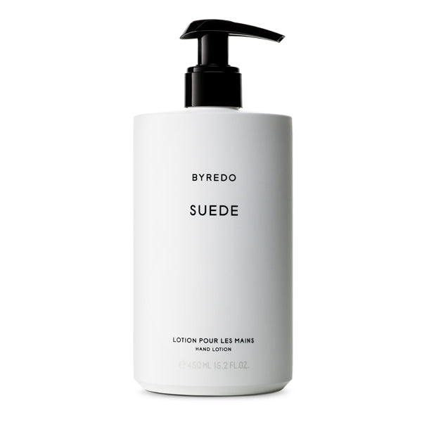 Byredo - Suede - Hand Lotion in schlichter weißer Flasche mit schwarzem Pumpspender für zarte, pflegende Hände