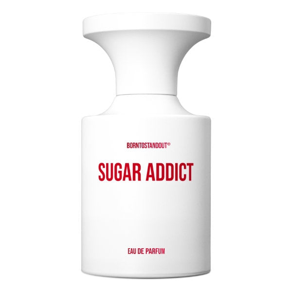 BORNTOSTANDOUT - Sugar Addict weißer Flakon mit rotem Schriftzug puristisch vor weißem Hintergrund