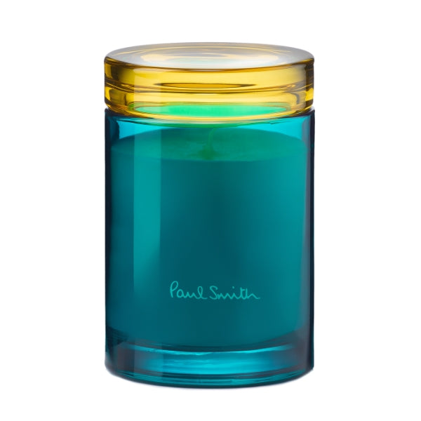Paul Smith - Sunseeker - Duftkerze im Glas mit türkis-blauem Körper und sonnengelbem Deckel, modernes Design