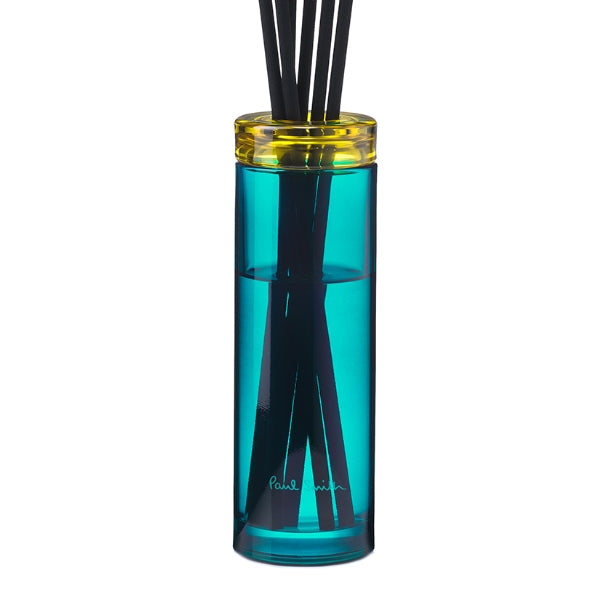 Paul Smith - Sunseeker - Diffusor in blauem Glas mit gelbem Verschluss und schwarzen Duftstäbchen für frischen Raumerfrischer