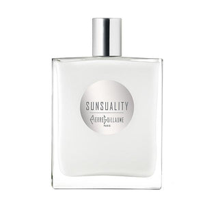 Pierre Guillaume - White Collection - Sunsuality Duftflakon in klarem Glas mit silberfarbenem Verschluss vor weißem Hintergrund