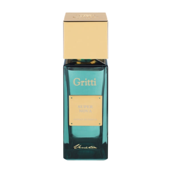 Gritti - Ivy Collection - Super Nova Parfumflakon in blaugrün mit goldfarbenem Verschluss und elegantem Etikett vor weißem Hintergrund