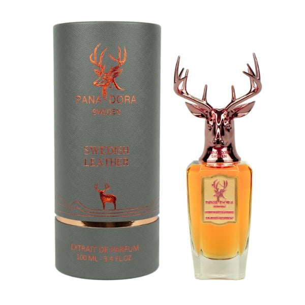Pana Dora Sweden - Swedish Leather - Limited Edition Parfumflakon mit metallic Hirschkopfverschluss und grauer Verpackung