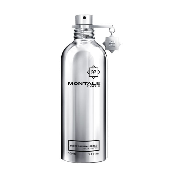 Montale Sweet Oriental Dream Eau de Parfum in polished silver spray bottle with distinctive charm on white background