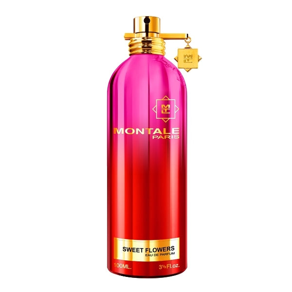 Montale - Sweet Flowers Parfumflakon in leuchtendem Pink-Rot mit goldfarbenem Verschluss vor weißem Hintergrund
