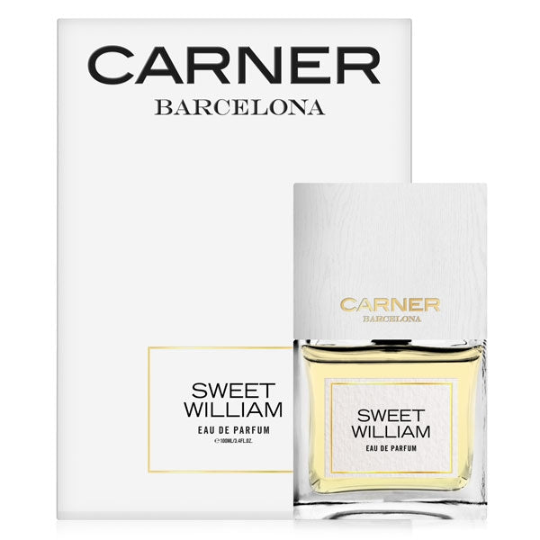 Carner Barcelona - Love Collection - Sweet William Parfumflakon mit weißem Holzverschluss und elegantem Etikett vor weißem Hintergrund