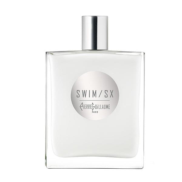 Pierre Guillaume - White Collection - Swim / SX Parfumflakon in klarem Glas mit silberfarbenem Verschluss vor weißem Hintergrund