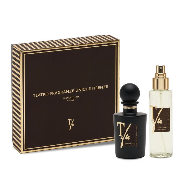Teatro - Tabacco 1815 - Gift Box mit elegantem braun-goldenem Design, Duftflakon und Spray stilvoll präsentiert