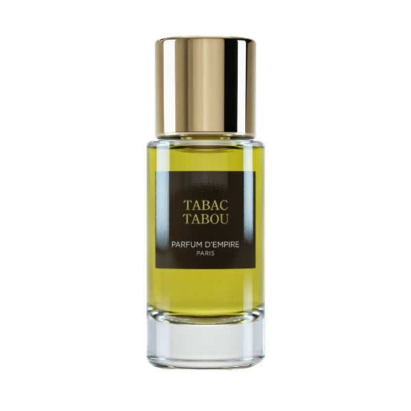 Parfum d'Empire - Tabac Tabou Parfumflakon mit goldenem Verschluss und gelbbraunem Duftöl im klaren Glasbehälter