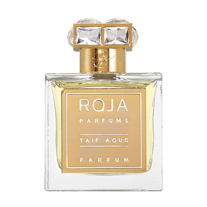 Roja Parfums - Taif Aoud Parfum Flakon mit goldfarbenem Etikett und transparentem Kristallverschluss vor weißem Hintergrund