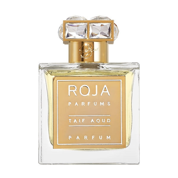 Roja Parfums - Taif Aoud Parfum Flakon mit goldfarbenem Etikett und transparentem Kristallverschluss vor weißem Hintergrund