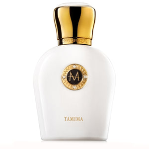 Moresque Parfum - White Collection - Tamima edler weißer Flakon mit goldenem Verschluss und Logo vor weißem Hintergrund