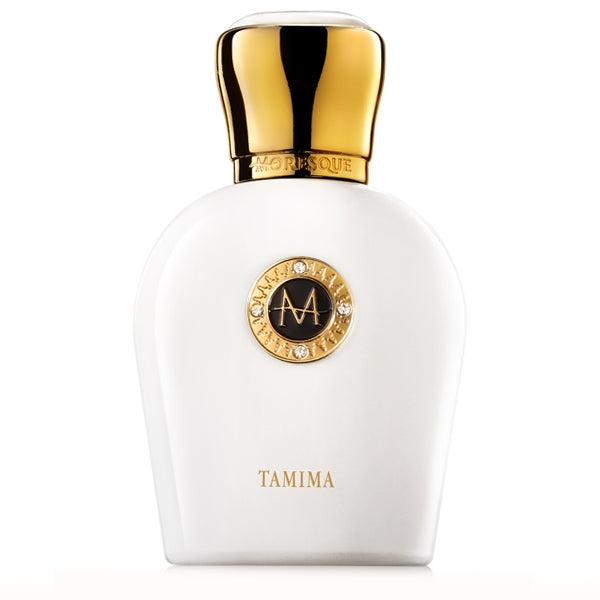 Moresque Parfum - White Collection - Tamima edler weißer Flakon mit goldenem Verschluss und Logo vor weißem Hintergrund