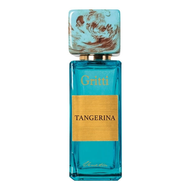 Gritti - Smaragd Collection - Tangerina Parfumflakon in türkisblauem Glas mit kunstvollem Marmorverschluss und goldfarbenem Etikett