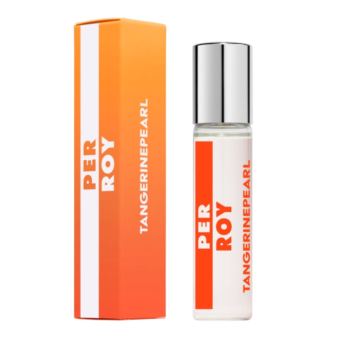 Perroy Parfum - Tangerine Pearl Flakon mit silbernem Verschluss und passender oranger Verpackung vor weißem Hintergrund