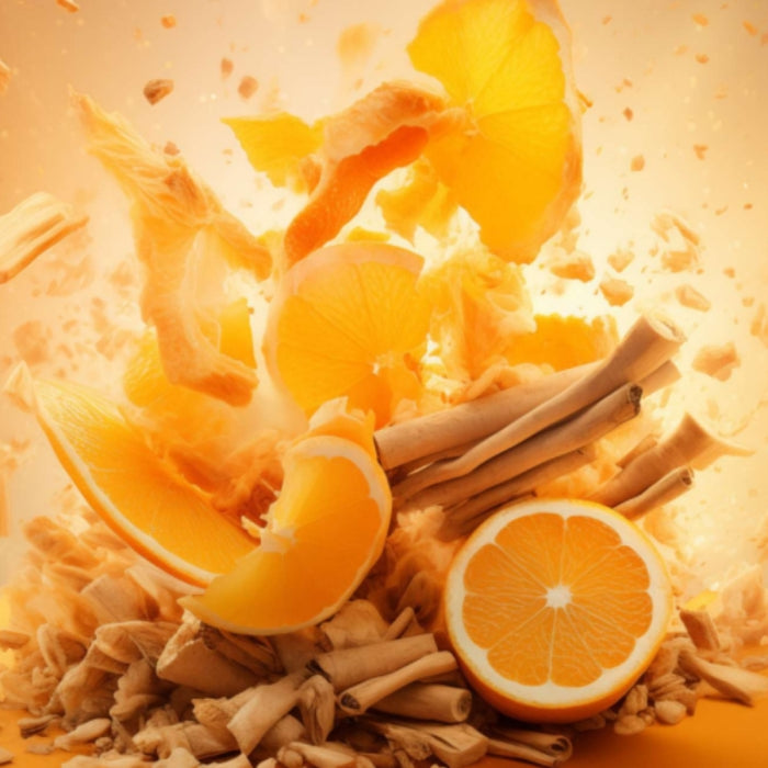 Perroy Parfum - Tangerine Pearl frische Orangenscheiben und Holzstücke in lebendigem, energetischem Arrangement vor orangem Hintergrund