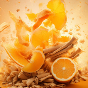 Perroy Parfum - Tangerine Pearl frische Orangenscheiben und Holzstücke in lebendigem, energetischem Arrangement vor orangem Hintergrund