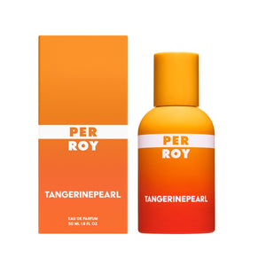 Perroy Parfum - Tangerine Pearl oranger Flakon mit abgerundetem Deckel neben passender Verpackung vor weißem Hintergrund
