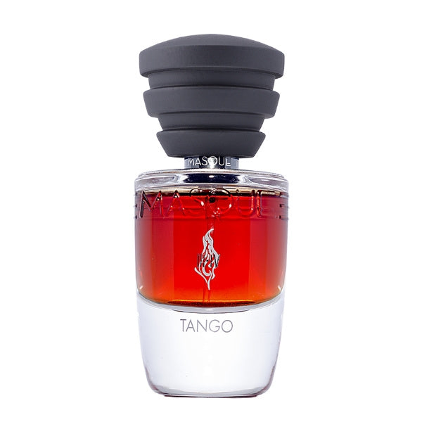 Masque Fragranze - Act III-IV - Tango Parfumflakon mit zweifarbigem Glas und dunkelgrauem, stufigem Verschluss, elegant gestaltet