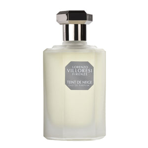 Lorenzo Villoresi - Teint de Neige - Eau de Parfum milchig-weißer Flakon mit silbernem Verschluss vor weißem Hintergrund
