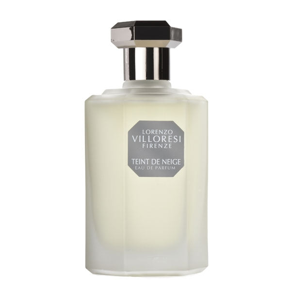 Lorenzo Villoresi - Teint de Neige - Eau de Parfum milchig-weißer Flakon mit silbernem Verschluss vor weißem Hintergrund