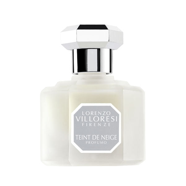Lorenzo Villoresi - Teint de Neige - Profumo elegant mattierter Flakon mit facettiertem, silberfarbenem Verschluss vor weißem Hintergrund