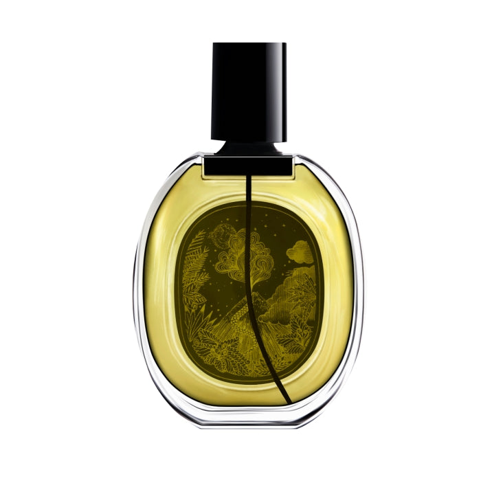 Diptyque - Tempo Flakon mit schwarzem Verschluss und goldgelbem Inhalt, verziert mit filigranem floralen Muster vor weißem Hintergrund