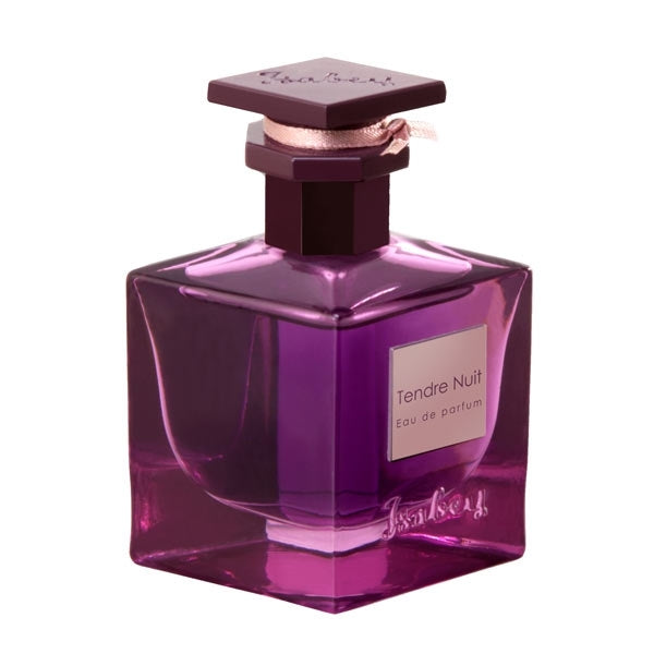 Isabey - Tendre Nuit Flakon in tiefem Violett mit eckigem Design und elegantem Verschluss vor hellem Hintergrund