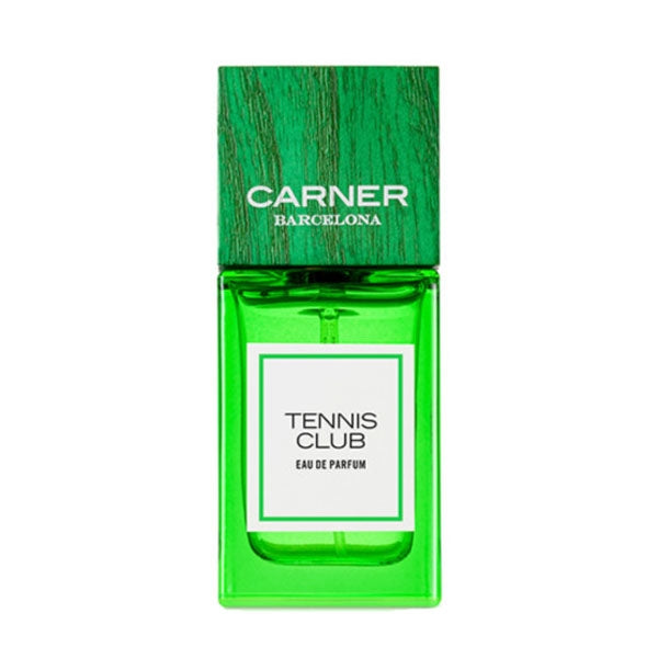 Carner Barcelona - Summer Journey Collection - Tennis Club Parfum in grünem Flakon mit Holzoptikverschluss auf weißem Hintergrund