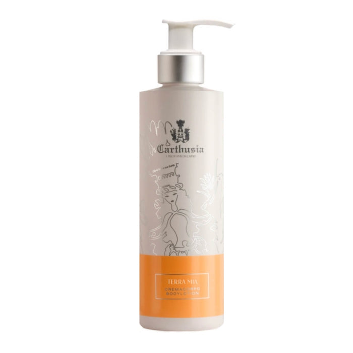 Carthusia - Terra Mia - Bodylotion in eleganter Flasche mit cremefarbener Basis und orangenem Etikett für weiche Hautpflege