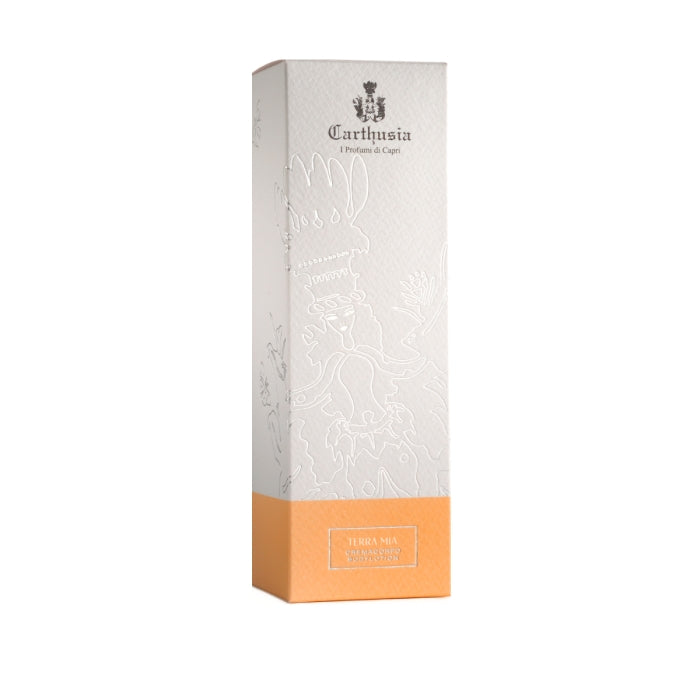 Carthusia - Terra Mia - Bodylotion in eleganter Verpackung mit cremefarbener Oberseite und apricotfarbenem unteren Bereich