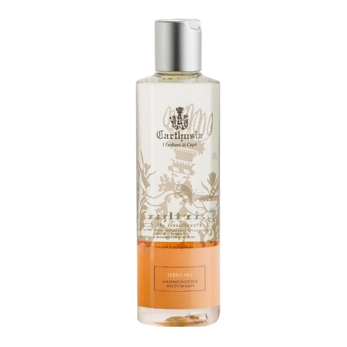 Carthusia - Terra Mia - Duschgel in durchsichtiger Flasche mit silbernem Verschluss und orangenem Etikett
