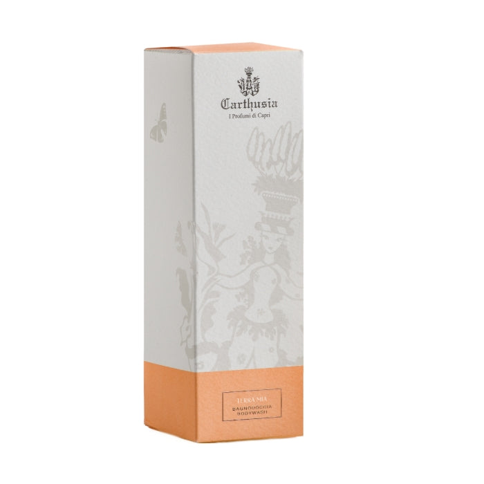 Carthusia - Terra Mia - Duschgel in eleganter rechteckiger Verpackung mit dezentem floralem Design und apricotfarbener Basis