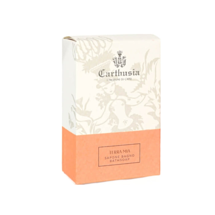 Carthusia - Terra Mia - Seife in rechteckiger Verpackung mit hellem Oberteil und aprikotfarbenem unteren Bereich
