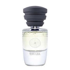 Masque Fragranze - Act I-I - Terralba Parfumflakon mit klarem Glas, schwarzem Deckel und dezentem Designmotiv im zeitlosen Stil