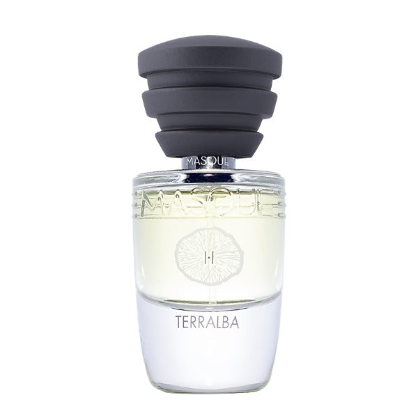 Masque Fragranze - Act I-I - Terralba Parfumflakon mit klarem Glas, schwarzem Deckel und dezentem Designmotiv im zeitlosen Stil