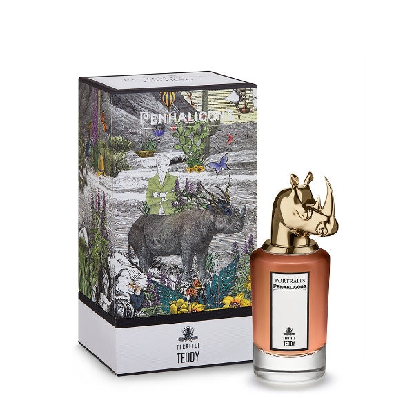 Penhaligon's - Portraits - Terrible Teddy Parfumflakon mit goldfarbenem Nashornkopf und kunstvoll illustrierter Verpackung