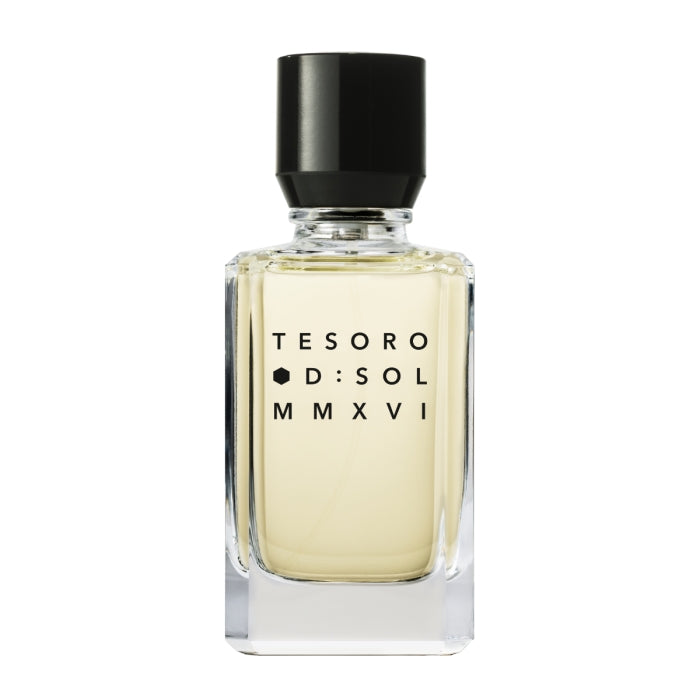 D:SOL MMXVI - Tesoro klarer Flakon mit schwarzem Verschluss und dezenter schwarzer Schrift auf weißem Hintergrund