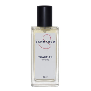 Sammarco - Thaumas Parfumflakon mit klarem Glas und schlichtem Etikett vor weißem Hintergrund