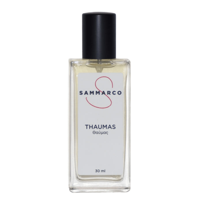 Sammarco - Thaumas Parfumflakon mit klarem Glas und schlichtem Etikett vor weißem Hintergrund