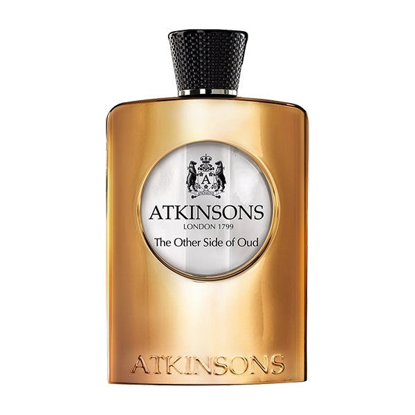 Atkinsons 1799 - Oud Collection - The Other Side of Oud goldener Flakon mit rundem Label und schwarzem Verschluss vor weißem Hintergrund